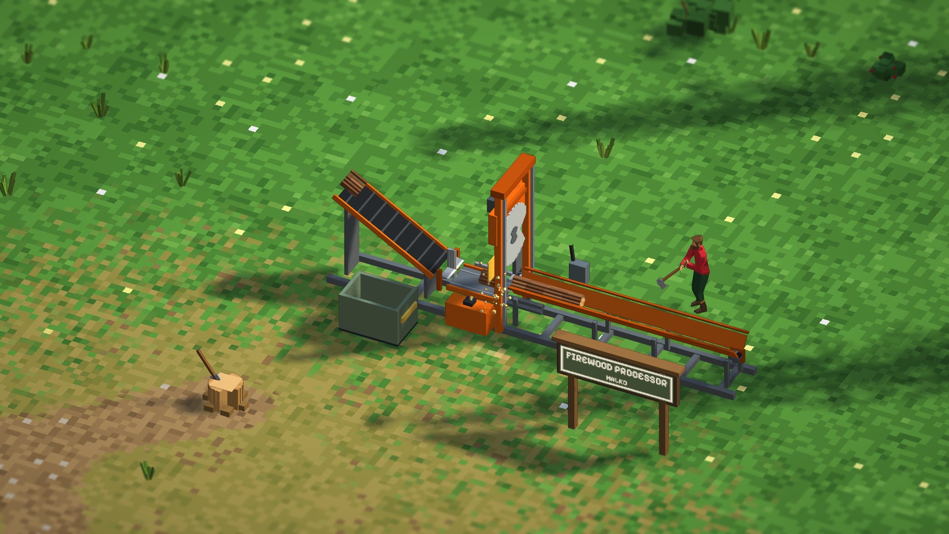A firewood processor cutting and splitting a log.