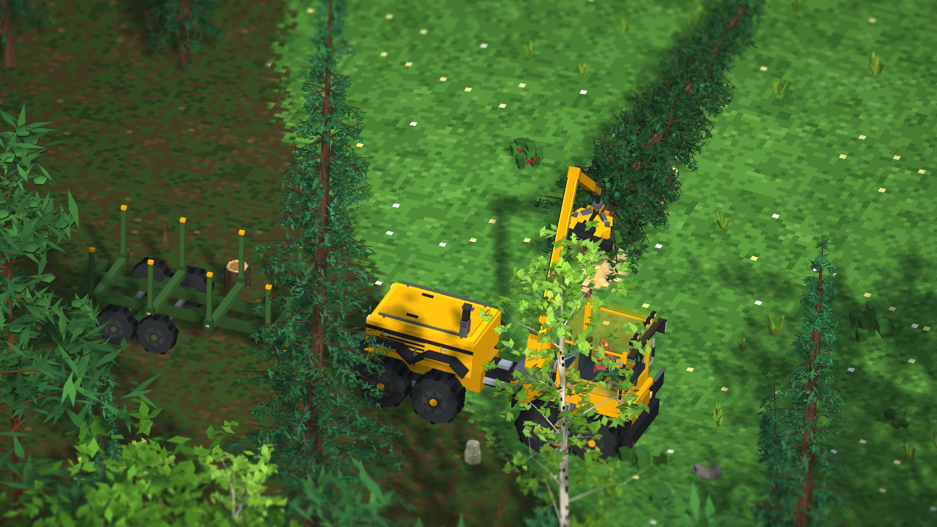A harvester cutting a tree into logs.