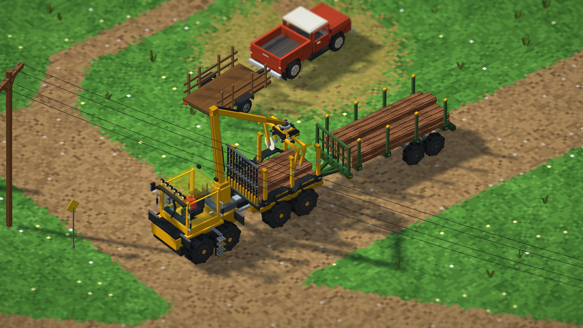 A forwarder towing a trailer loaded with logs.