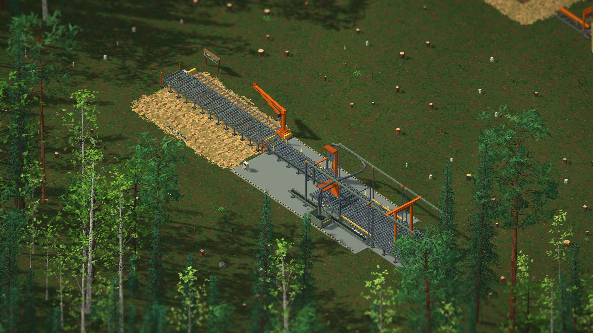A large sawmill with a log feeder and packager.