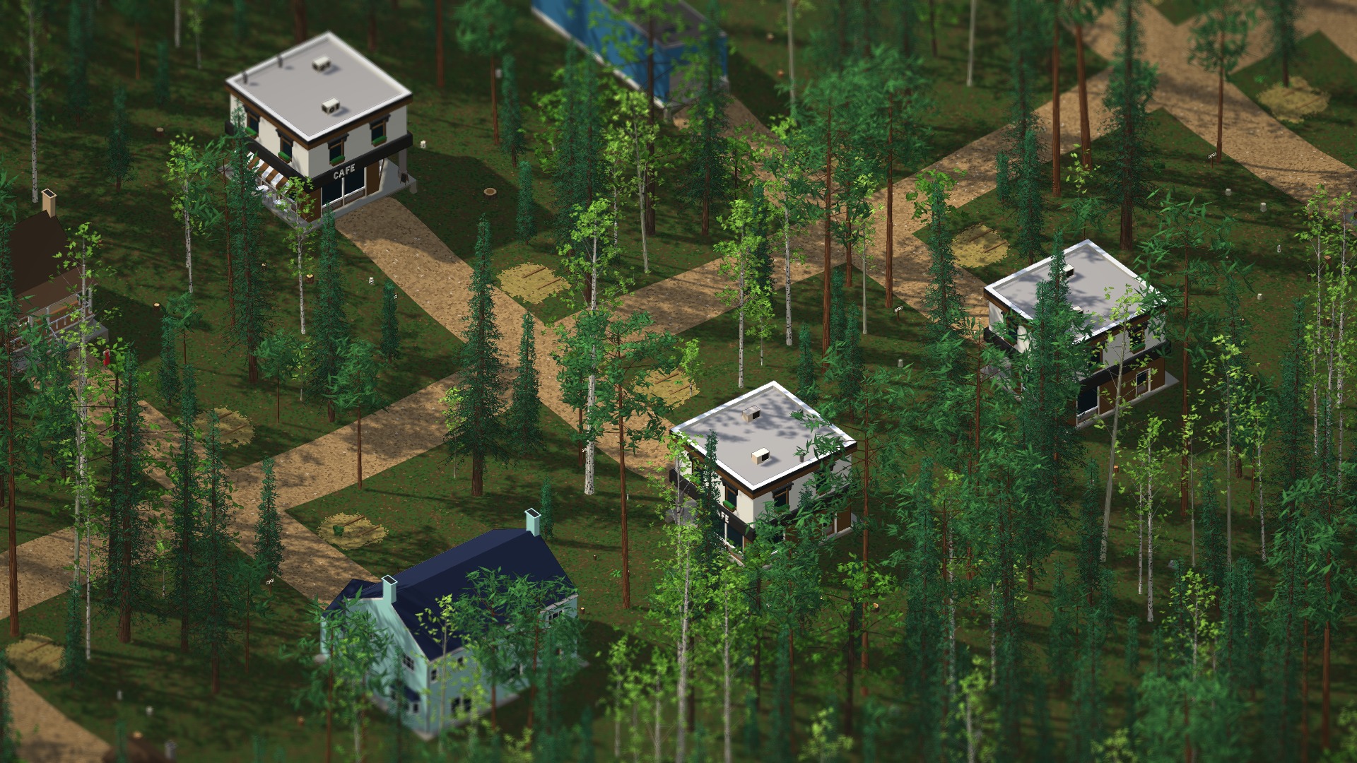 Village houses and cafés beside dirt roads.